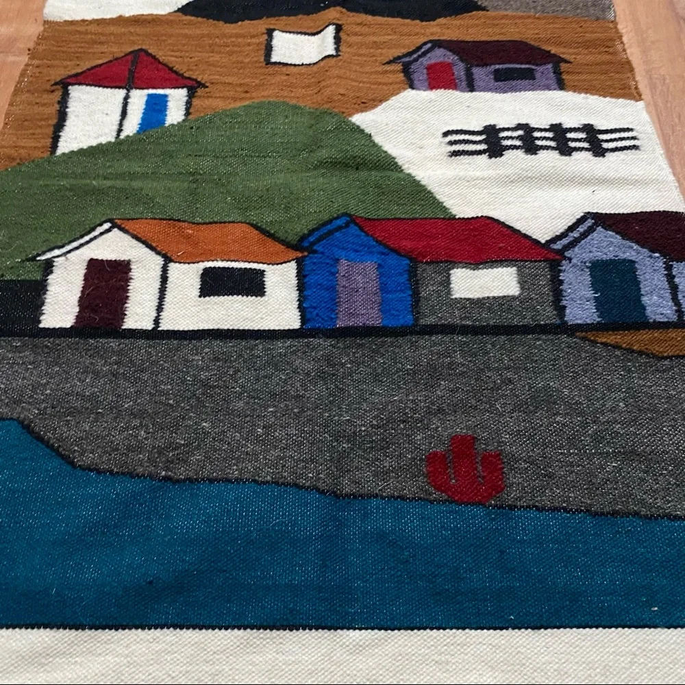 Vintage Blue Green Brown Mountain Village Tapestry